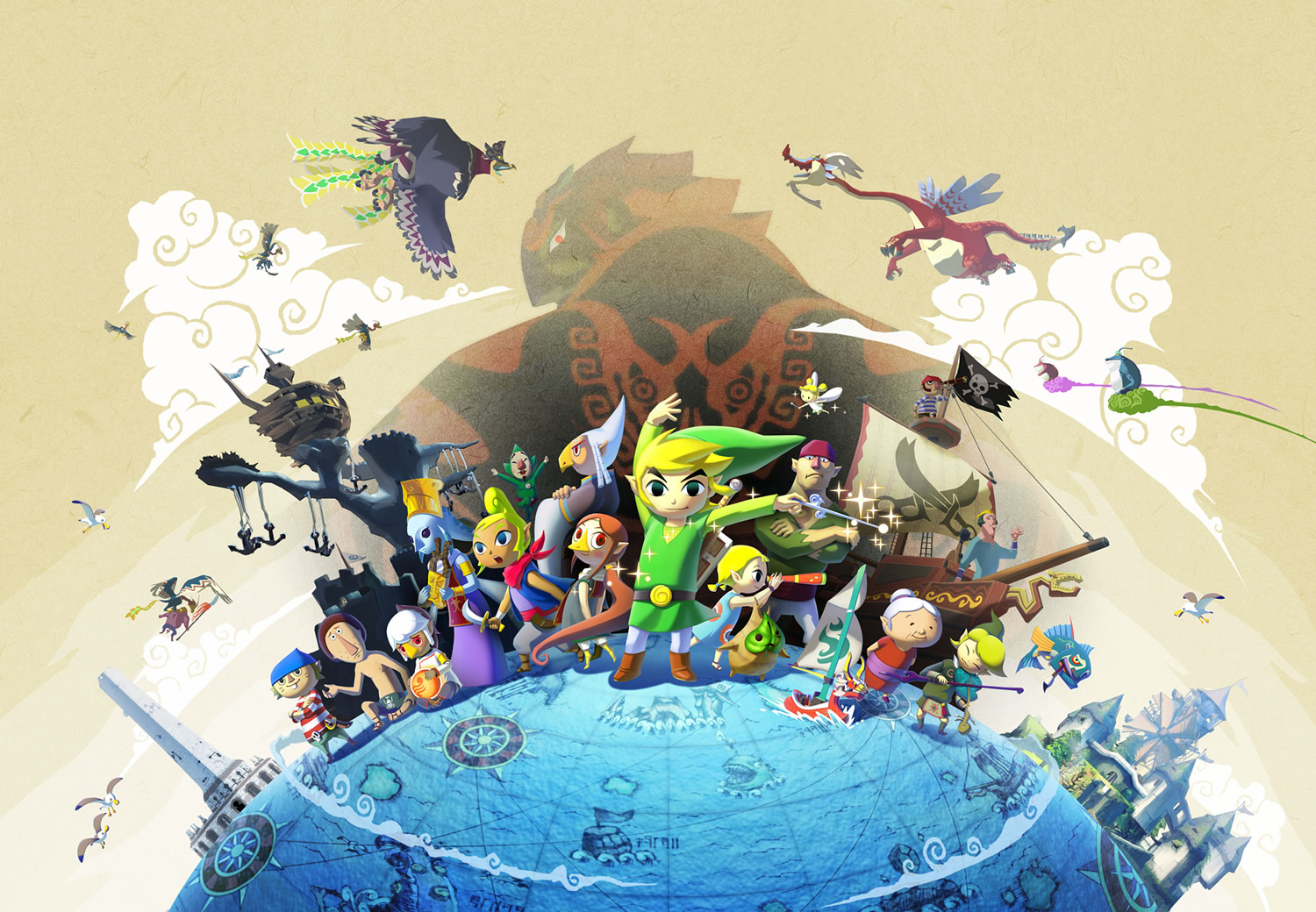 Une illustration représentant le monde de Wind Waker sous forme de carte sur un globe terrestre en bas de l'image. Le protagoniste Link se tient au centre, avec les personnages secondaires rencontré au cours du jeu de chaque côté. La Forteresse abandonnée est visible en arrière-plan. La tour des dieux est également visible à l'extrême gauche. L'un des boss vole vers Valoo, un dragon. À l'arrière-plan, Ganondorf, le BBEG, nous tourne le dos.