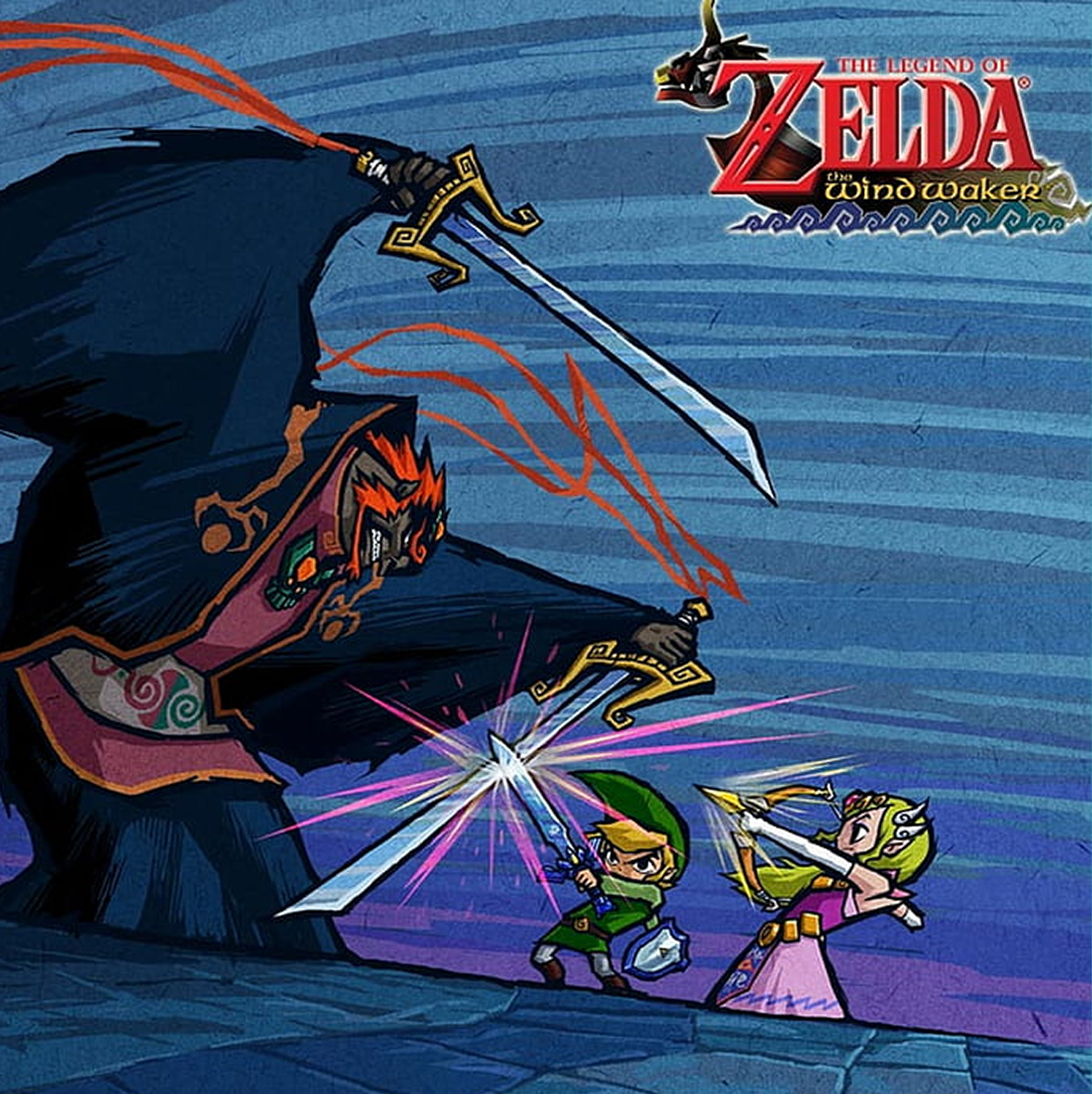 Ici, sur un fond bleu et violet, on peut voir Zelda à l'extrême droite de l'image, tirant sur son arc pour tirer sur Ganondorf à l'extrême gauche. Link est au milieu des deux personnages, arrêtant l'une des épées de Gannon avec sa propre Épée de Légende.