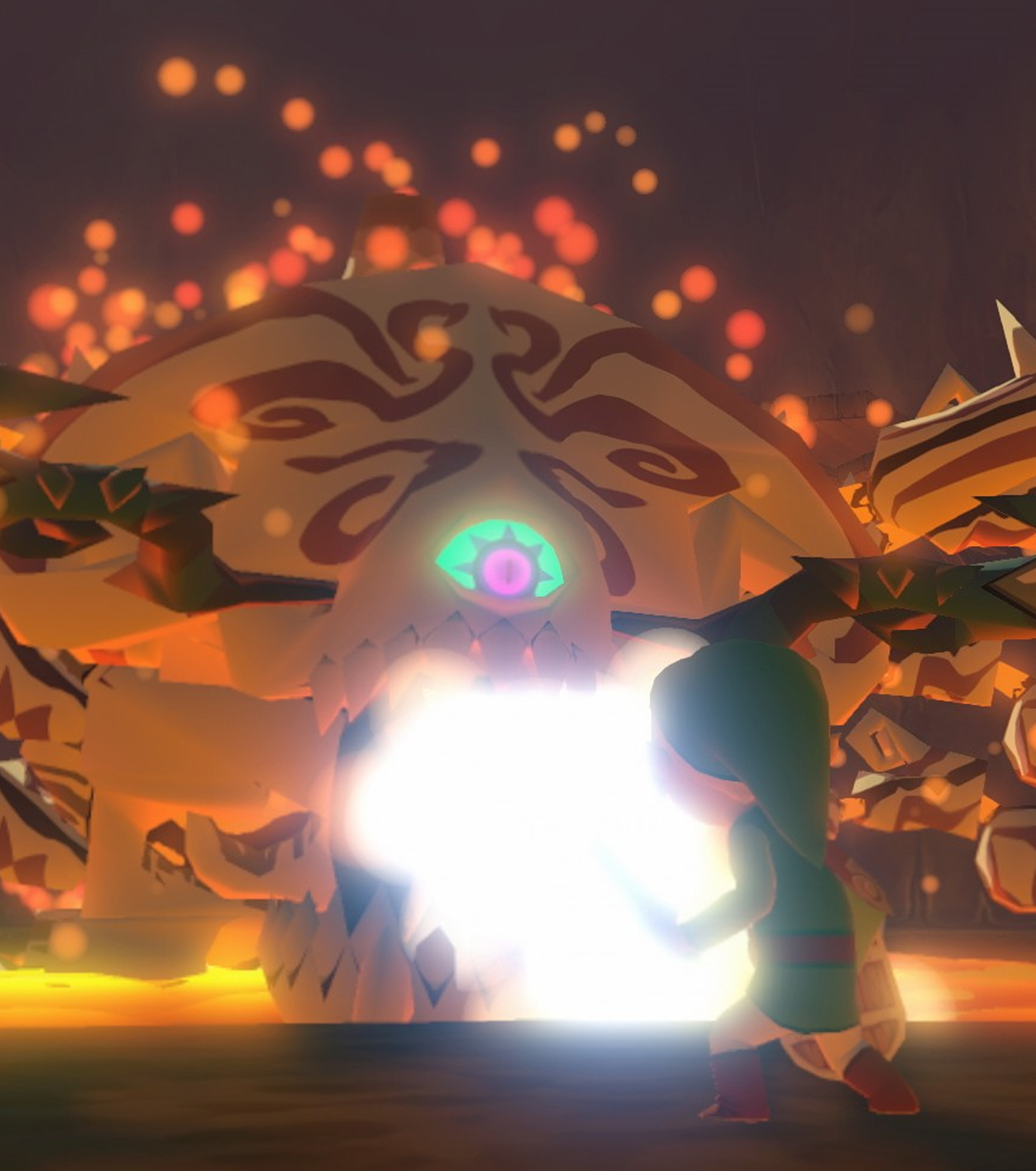 Voici une capture d'écran du jeu, Link en avant-plan se préparant pendant que le boss Gohma lui crie dessus, fraîchement sorti de sa piscine de magma.