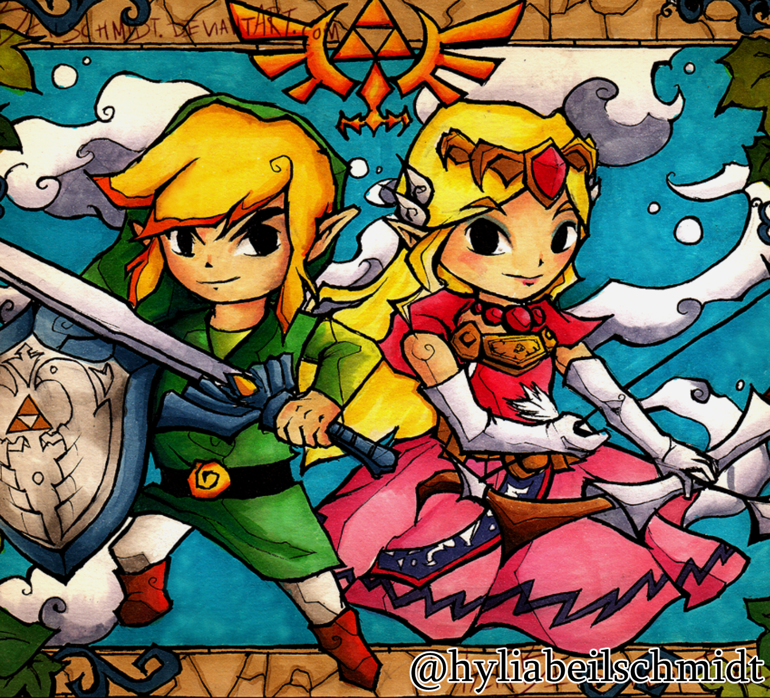 Voici un fanart réalisé par un utilisateur de DeviantArt appelé Hyliabeilschmidt de Link et Zelda dans un style vitrail.