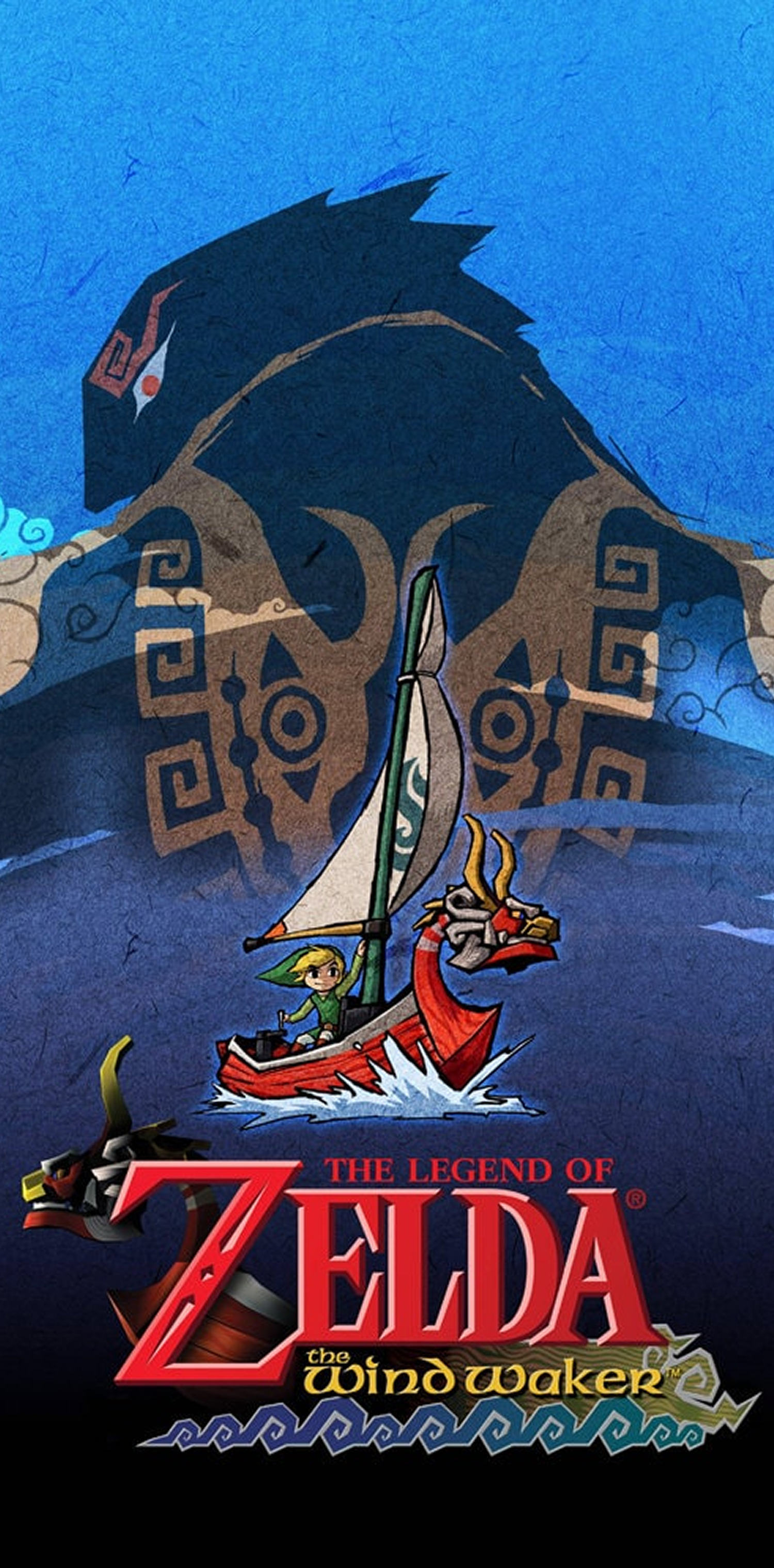 Cette dernière image montre Gannondord en arrière-plan, dos à nous. Au milieu, Link navigue sur son fidèle bateau parlant, et en bas, le logo du jeu.