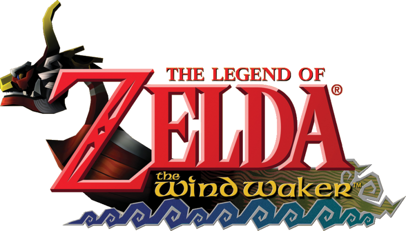 Logo du jeu Zelda Wind Waker affichant le nom du jeu avec un bateau à tête de lion en arrière du texte.